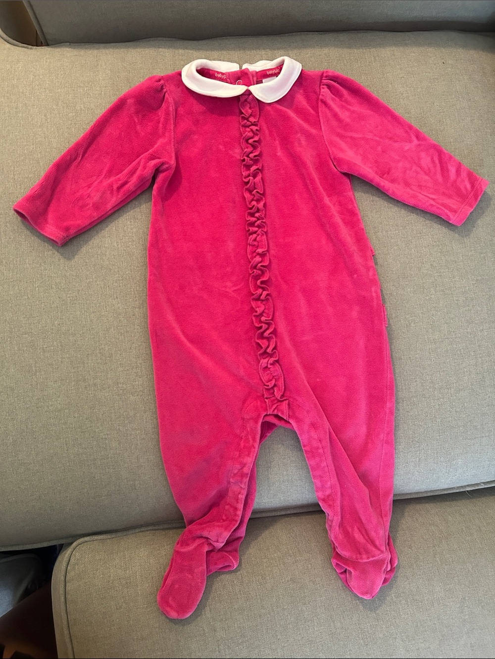 Baby Gap Pink Velour Ruffle-Front Footed One-Piece with White Collar